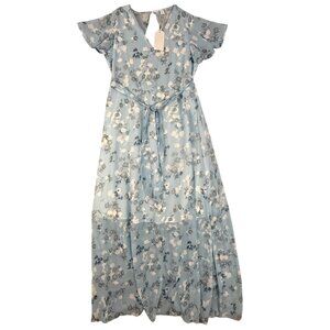 Floral Light Blue Maxi Dress With Flutter Sleeves Smocked Back Tie Waist Medium